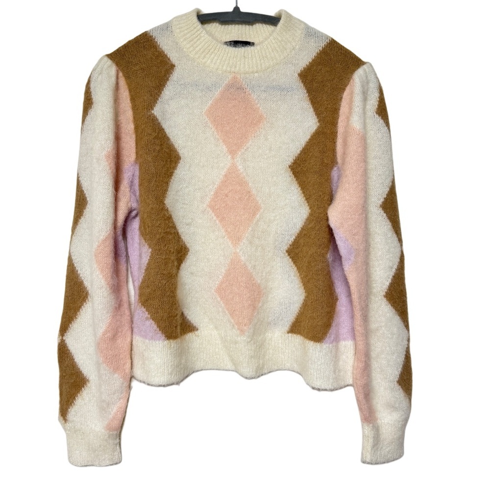 {J. Crew} Alpaca Wool Blend Long Puff Sleeve Mock Neck Geometric Sweater Top